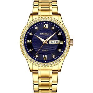 Men Watches Luxury Roman Numeral Diamond Dial Stainless Steel Watch-Blue Gold